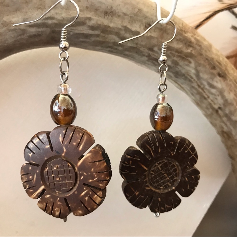 Wood carved flower earring